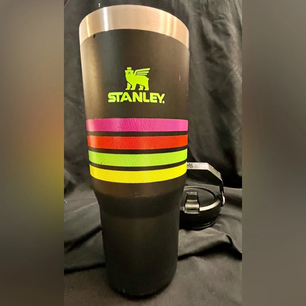 Stanley 30 Ounce Distressed Black Travel Mug with Rainbow of Neon Stripes Trendy - Picture 7 of 12